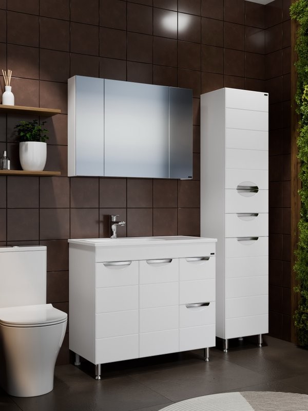 Мебель для ванной комнаты СаНта Родос 90 напольная, с ящиками и дверками, глянцевая белая