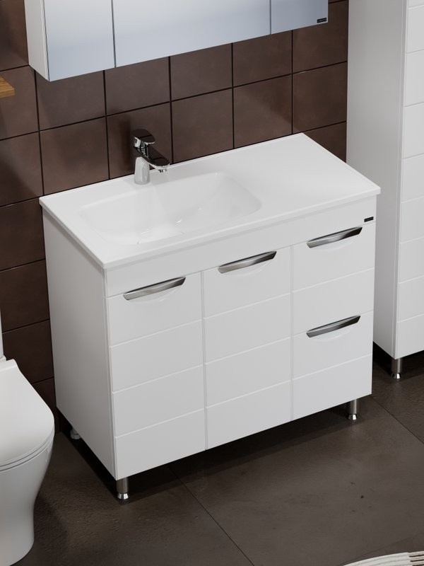 Мебель для ванной комнаты СаНта Родос 90 напольная, с ящиками и дверками, глянцевая белая