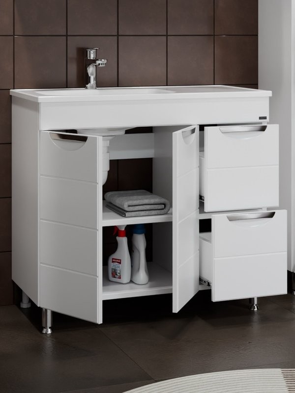 Мебель для ванной комнаты СаНта Родос 90 напольная, с ящиками и дверками, глянцевая белая