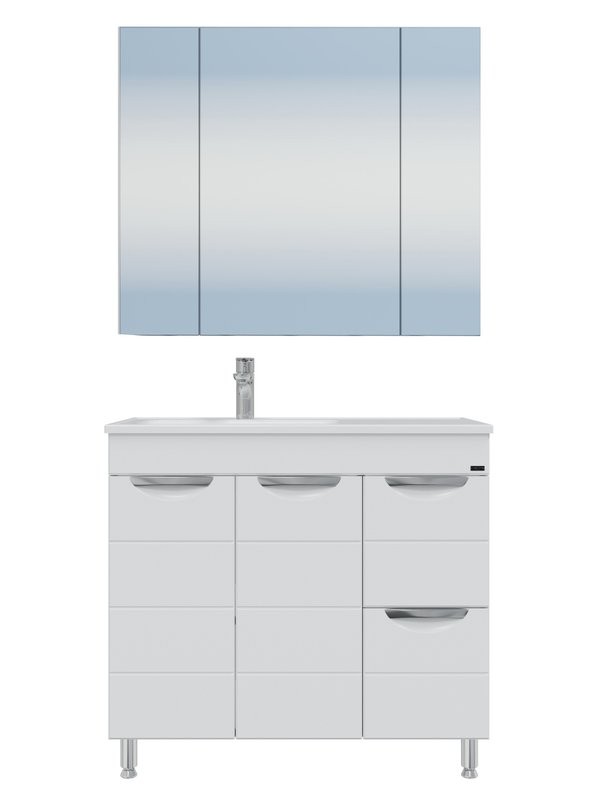 Мебель для ванной комнаты СаНта Родос 90 напольная, с ящиками и дверками, глянцевая белая