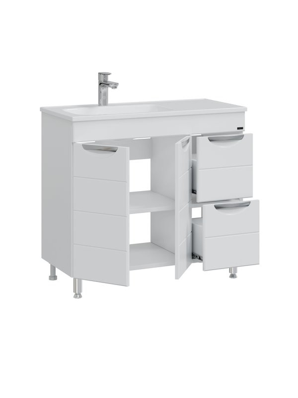 Мебель для ванной комнаты СаНта Родос 90 напольная, с ящиками и дверками, глянцевая белая