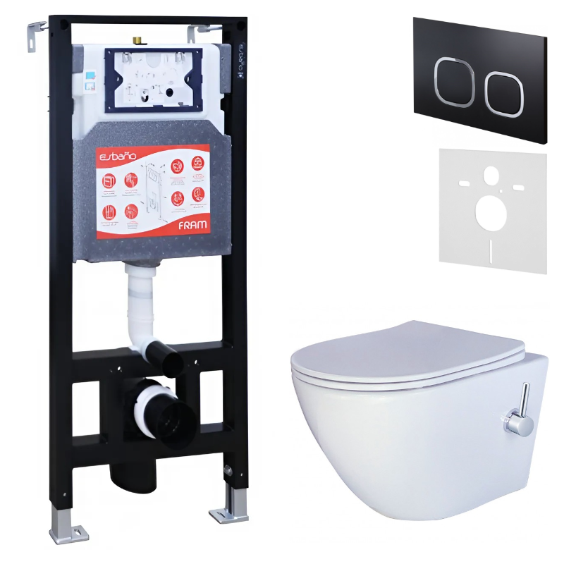 Комплект 3 в 1 Унитаз подвесной Esbano ESWBTERUWN + Инсталляция Fram + Кнопка ESINLPS10MB цвет матовый черный