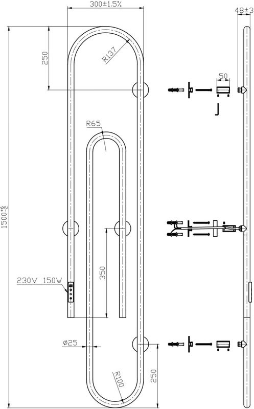 Полотенцесушитель электрический Bauedge Wall Clip AF0015 30x150, белый матовый