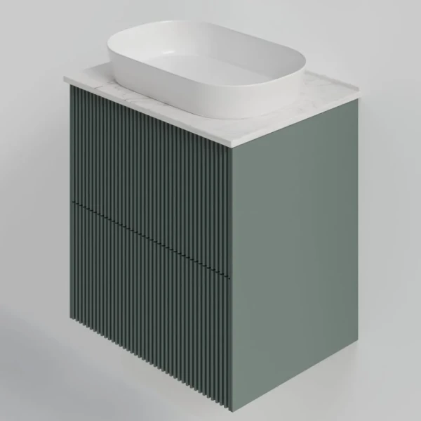 Тумба под раковину со столешницей La Fenice Terra Twin 60 подвесная, grigio, серо-зеленая матовая, столешница белый мрамор