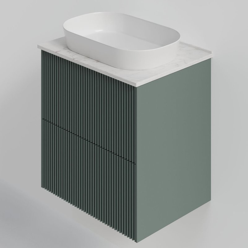 Тумба под раковину со столешницей La Fenice Terra Twin 60 подвесная, grigio, серо-зеленая матовая, столешница белый мрамор