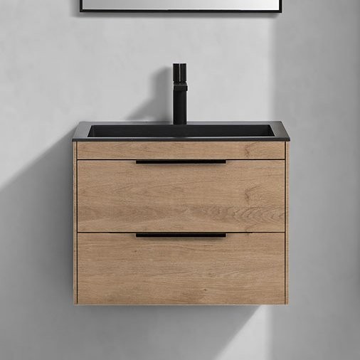 Тумба с раковиной Vincea Chiara 2D 60, 2 ящика, натуральный дуб, с черной раковиной