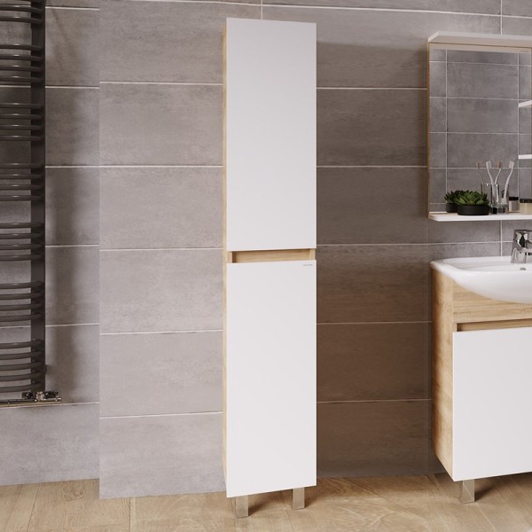 Шкаф пенал для ванной Grossman Поло 30 дуб сонома светлый, белый глянцевый