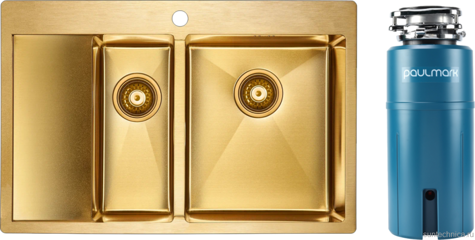 Комплект Мойка Paulmark Kroner PM227851-BGR брашированное золото R + Измельчитель Intenso