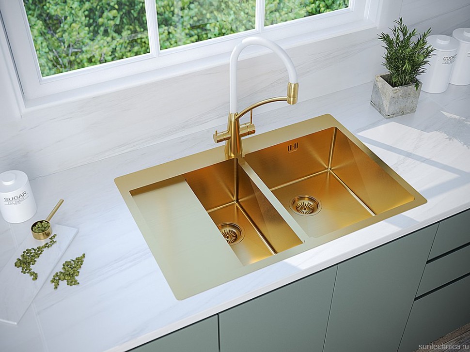 Комплект Мойка Paulmark Kroner PM227851-BGR брашированное золото R + Измельчитель Intenso