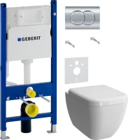 Комплект Унитаз подвесной VitrA Shift 7742B003-0075 белый глянцевый + Крышка 91-003-009 с микролифтом, петли хром + Инсталляция Geberit Duofix Delta 458.149.21.1 с кнопкой смыва, хром + Звукоизоляция