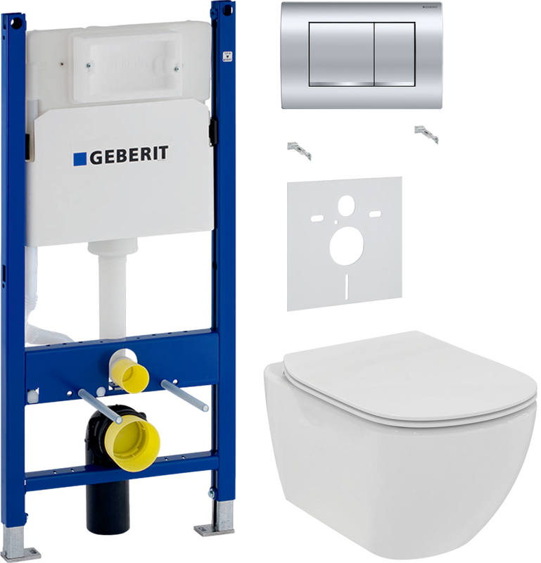 Комплект Унитаз подвесной Ideal Standard Tesi T536001 с микролифтом + Звукоизоляция Geberit + Инсталляция Duofix Delta 458.163.21.1 с кнопкой смыва, хром