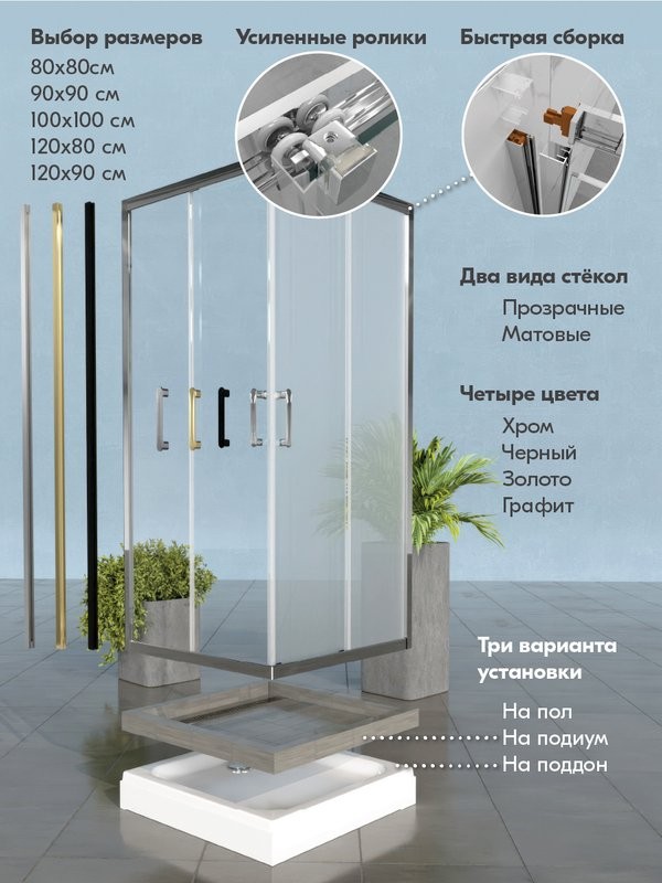 Душевой уголок Triton 80x80 см, без поддона, профиль хром, стекло прозрачное