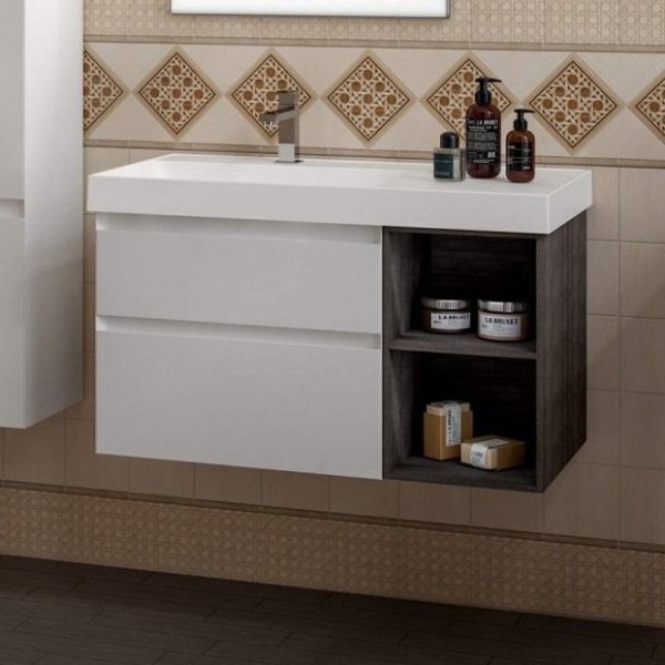 Тумба под раковину KERAMA MARAZZI Cubo 90, левая подвесная, с ящиками и полкой, белая матовая, древесная