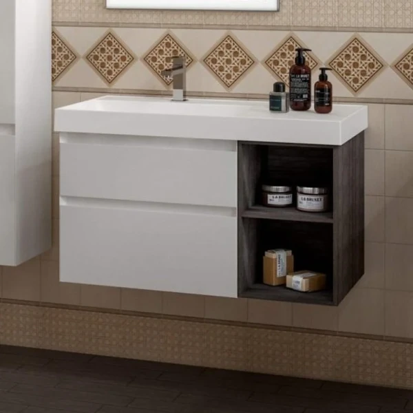 Тумба под раковину KERAMA MARAZZI Cubo 90, левая подвесная, с ящиками и полкой, белая матовая, древесная