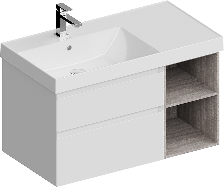 Тумба под раковину KERAMA MARAZZI Cubo 90, левая подвесная, с ящиками и полкой, белая матовая, древесная