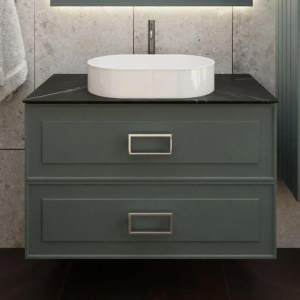 Тумба под раковину со столешницей La Fenice Cubo Twin 100 подвесная, серая, столешница черный мрамор, ручка белая