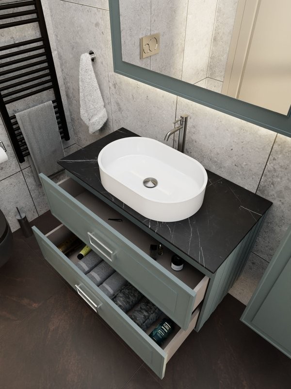 Тумба под раковину со столешницей La Fenice Cubo Twin 100 подвесная, серая, столешница черный мрамор, ручка белая