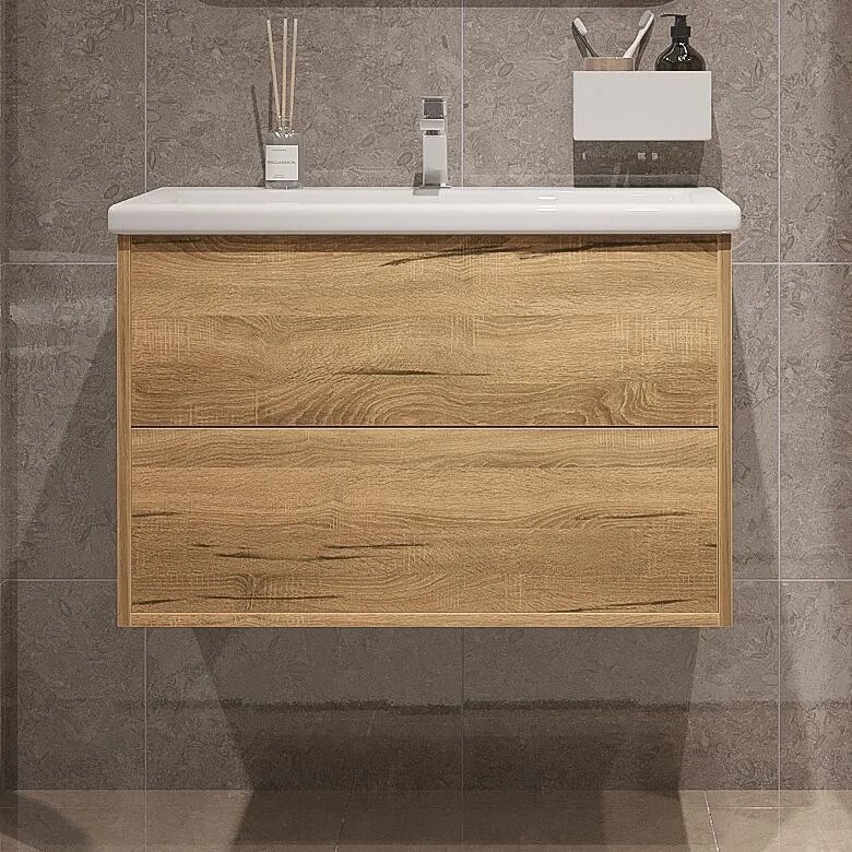 Тумба с раковиной SanStar Siva 80 подвесная, дуб вотан, раковина Como