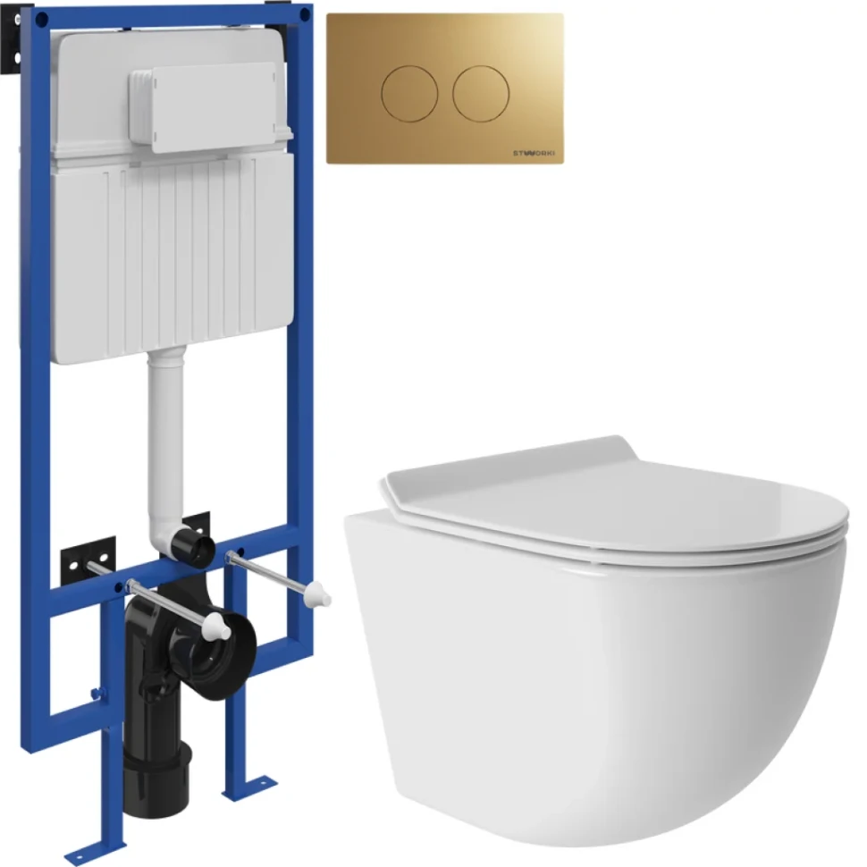 Комплект Унитаз подвесной Aqueduto Ovo Tornado OVOT0110 безободковый, с микролифтом, белый глянцевый + Инсталляция STWORKI + Кнопка Хельсинки 500474 золотая матовая