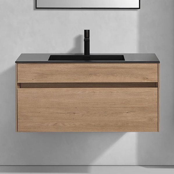 Тумба с раковиной Vincea Luka 100, 2 ящика, натуральный дуб, с черной раковиной