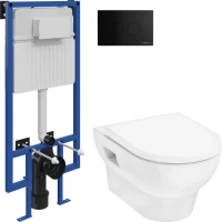 Комплект Унитаз подвесной Hansgrohe GladeLake S безободковый, с микролифтом + Инсталляция STWORKI + Кнопка Хельсинки 500471 черная матовая