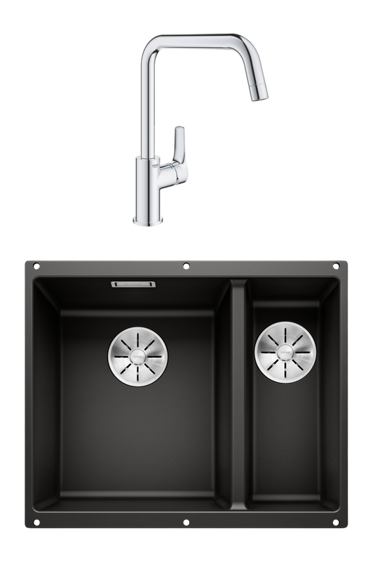 Комплект Мойка Blanco Subline 340/160-U черная, левая + Смеситель Grohe Eurosmart