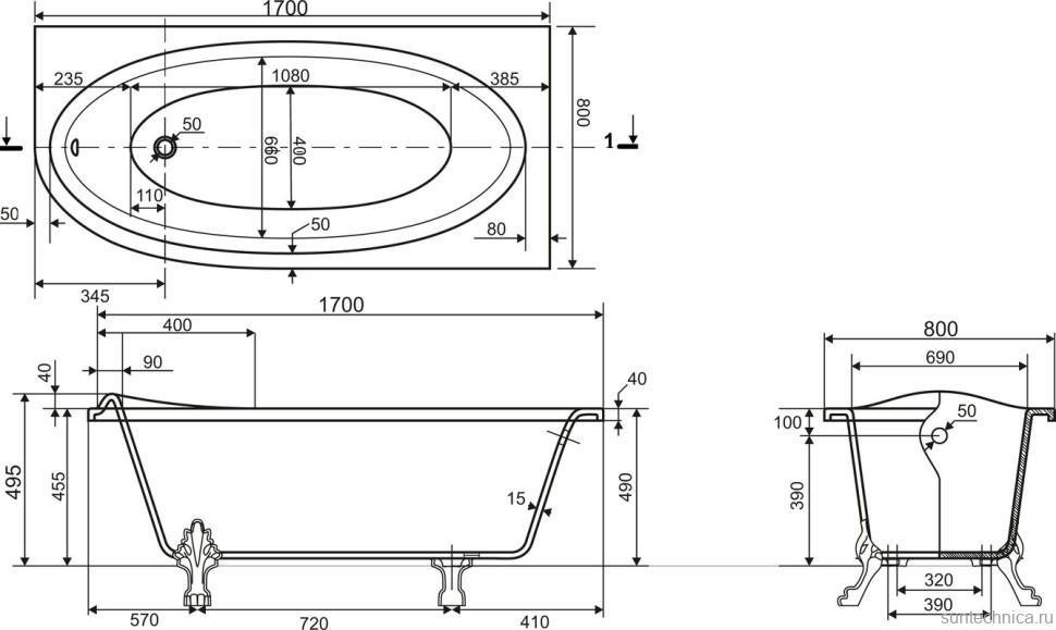 Ванна из искусственного камня Эстет Венеция R 170x80 см, правая, пристенная, асимметричная, с декоративными ножками
