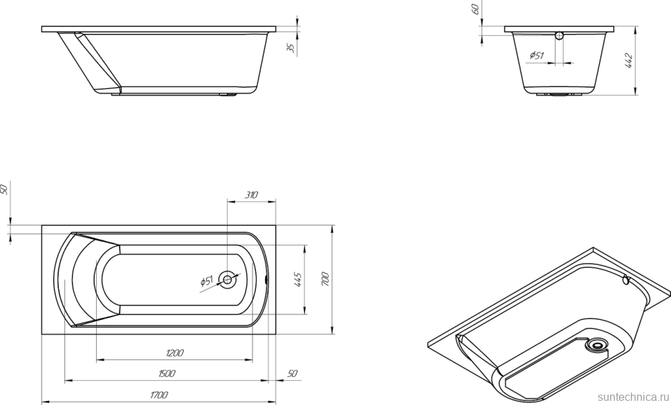 Акриловая ванна EUROLUX Miamika 170x70 см, пристенная, белая, с каркасом