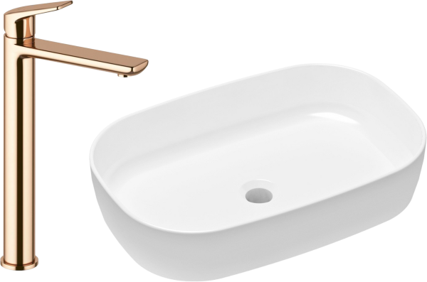 Комплект Накладная раковина Lavinia Boho Bathroom Sink Slim 33311003 + Смеситель Wellsee ONCE! and forever 182409000 розовое золото