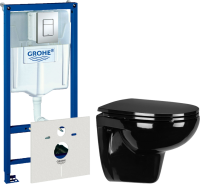 Комплект Унитаз подвесной Wanfald Lauta 47374100005 черный + Инсталляция Grohe Rapid SL 38775001 4 в 1 с кнопкой смыва