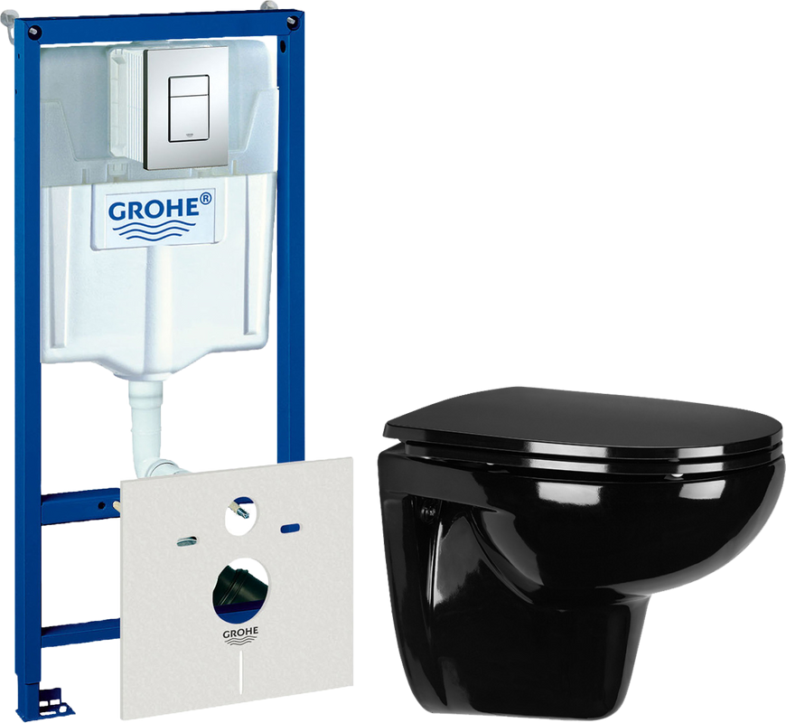 Комплект Унитаз подвесной Wanfald Lauta 47374100005 черный + Инсталляция Grohe Rapid SL 38775001 4 в 1 с кнопкой смыва