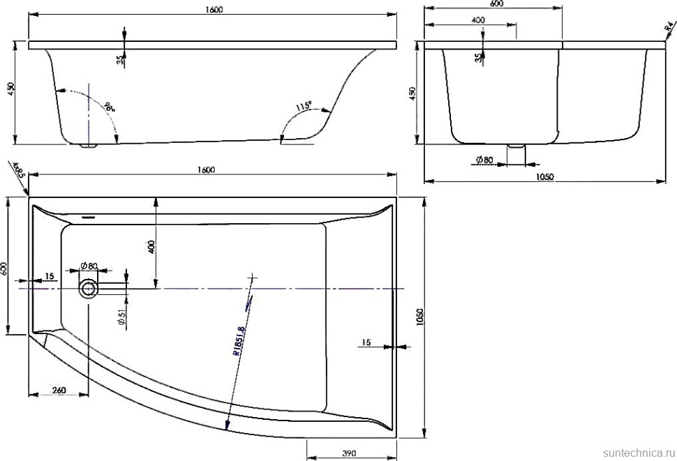 Акриловая ванна Vagnerplast Veronela R 160x105 см, угловая, правая, пристенная, ультрабелая, асимметричная, с каркасом