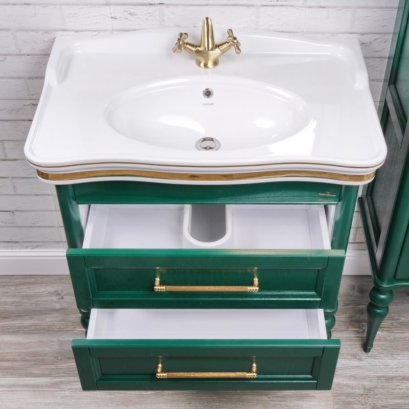 Тумба с раковиной ValenHouse Эстетика 80, зеленая, подвесная, ручки золото