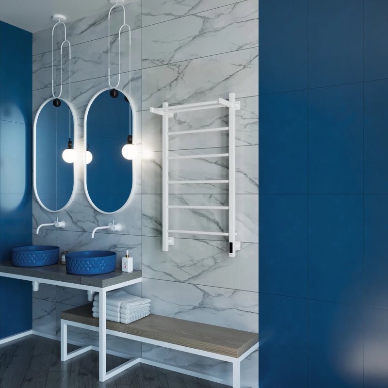 Полотенцесушитель электрический Grota App 530х1000 RAL9016 EL 100x55 см, подключение справа, слева, скрытое подключение справа, матовый белый, лесенка, из стали, с полкой