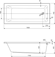Акриловая ванна Cezares Plane Solo Mini 160x70 см, пристенная, белая, с каркасом