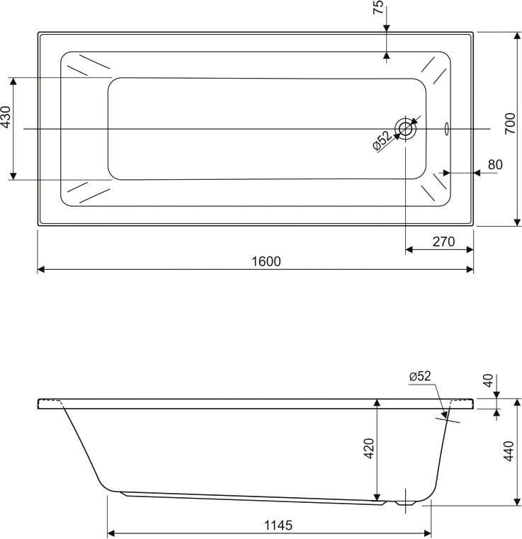 Акриловая ванна Cezares Plane Solo Mini 160x70 см, пристенная, белая, с каркасом