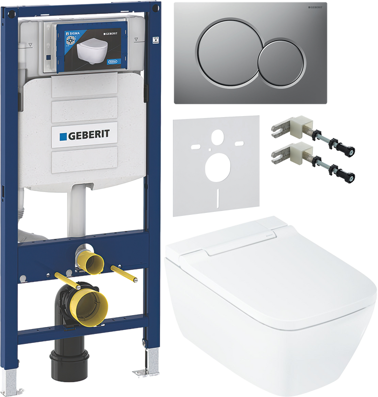 Комплект Умный унитаз Geberit AquaClean Sela Square безободковый, с биде, белый + Инсталляция Duofix UP 320 111.300.00.5 + Кнопка Sigma 01 115.770.JQ.5 лакированная, матовый хром + Звукоизоляция + Крепления 111.815.00.1 к стене