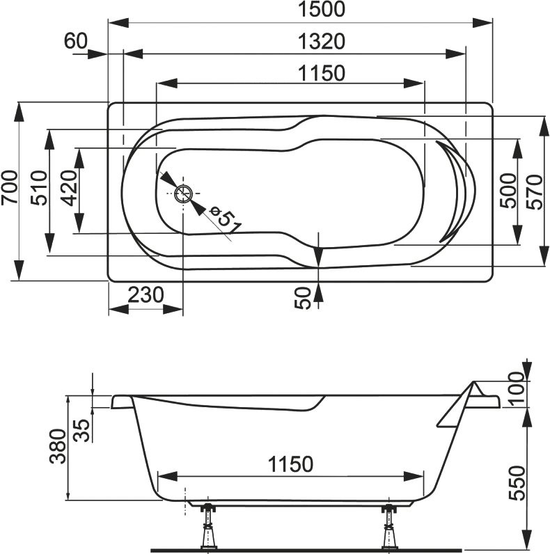 Акриловая ванна Vagnerplast Nymfa 150x70 см, пристенная, белая, на ножках