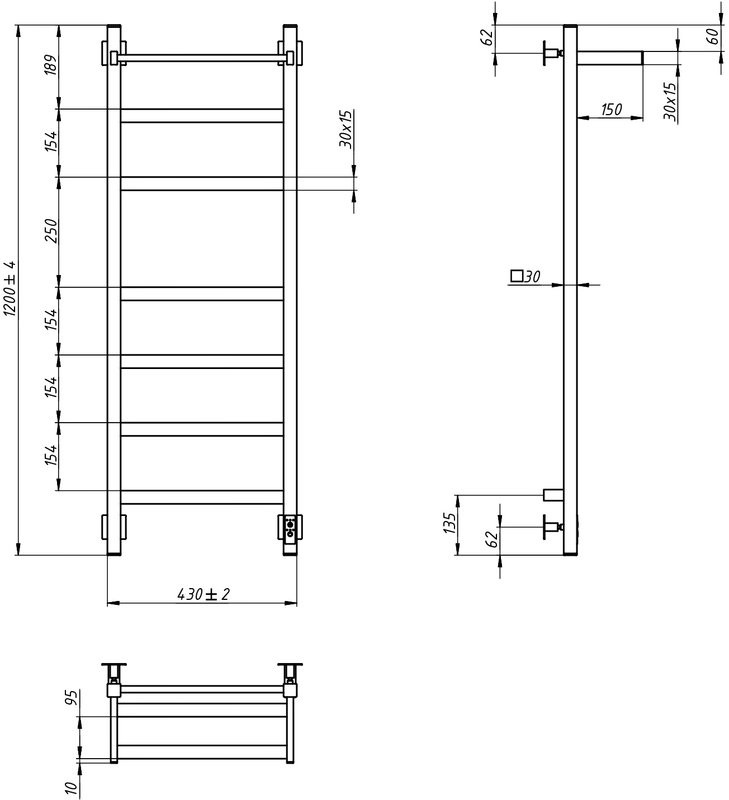 Полотенцесушитель электрический Grota Tela 430х1200 NP EL 120x45 см, подключение справа, слева, скрытое подключение справа, глянцевый хром, лесенка, с полкой