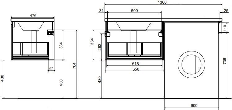 Тумба с раковиной Эстет Dallas Luxe 130 подвесная, 1 ящик, под стиральную машину L