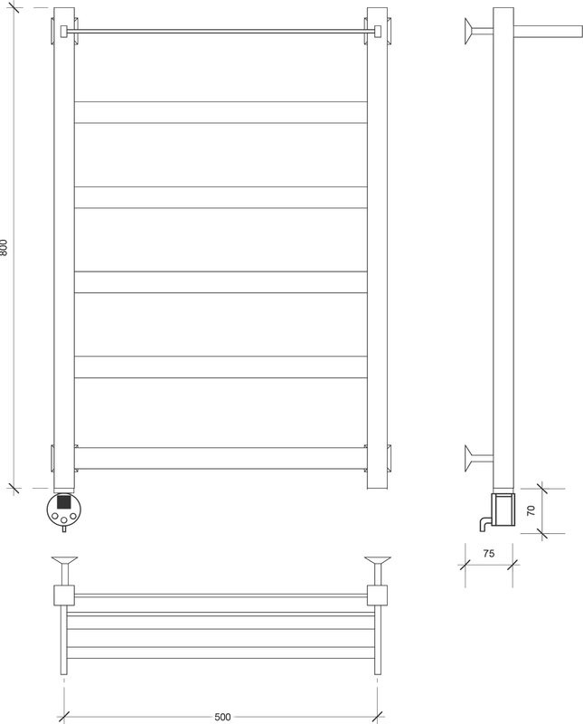 Полотенцесушитель электрический Secado Комано 1 СП 85x55 см, подключение слева, матовый черный, лесенка, с полкой