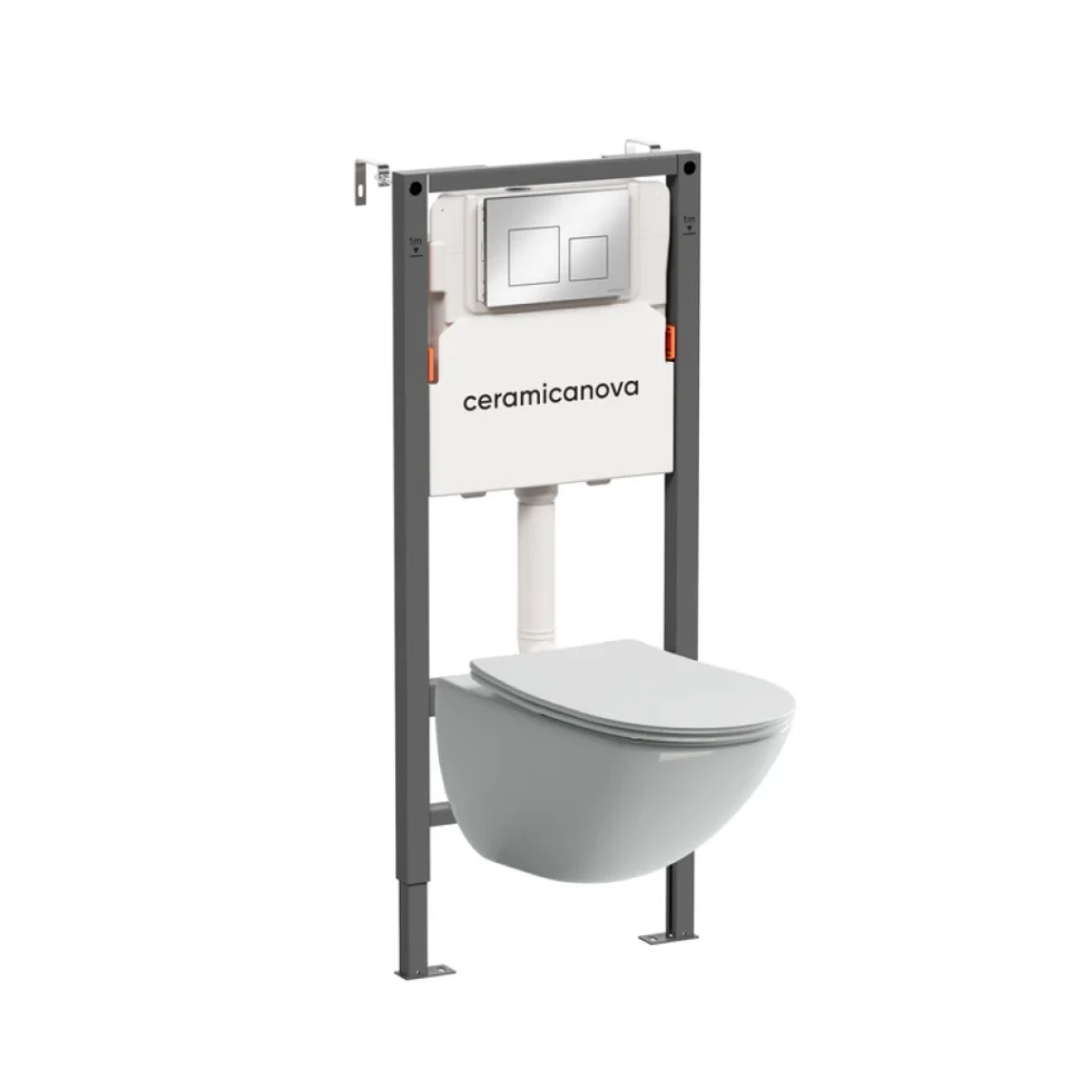 Комплект Ceramicanova Унитаз подвесной Mono CN1905 безободковый, с микролифтом + Инсталляция Balance CN121002CH с кнопкой Square глянцевый хром
