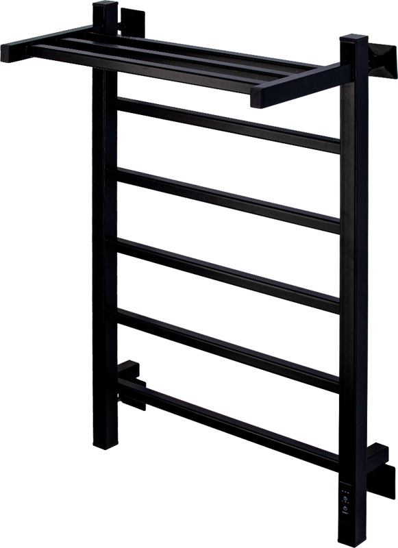 Полотенцесушитель электрический Comfysan Marte-K EC-6 80x55 см, подключение справа, слева, матовый черный, лесенка, из стали, с полкой