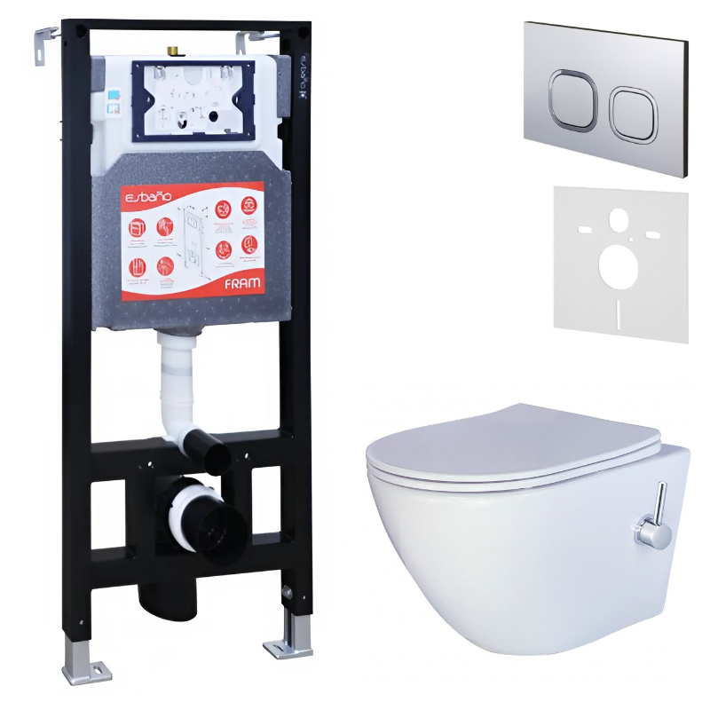 Комплект 3 в 1 Унитаз подвесной Esbano ESWBTERUWN + Инсталляция Fram + Кнопка ESINLPS10MC цвет матовый хром