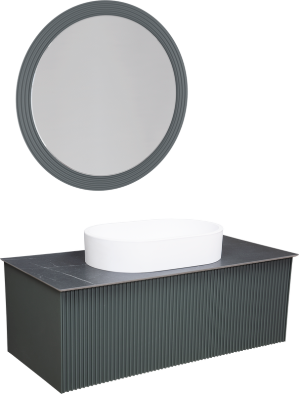 Мебель для ванной комнаты La Fenice Terra 100 серая, черная столешница, матовая раковина