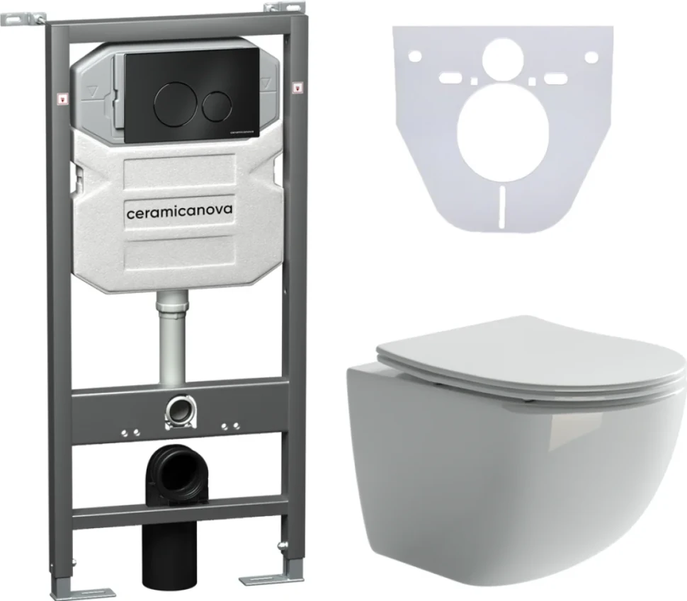 Комплект Унитаз подвесной Ceramicanova Forma CN3009 безободковый, с микролифтом + Система инсталляции для унитазов Envision CN1001B с кнопкой смыва и