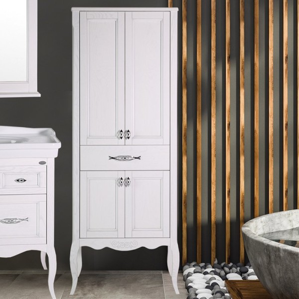 Шкаф пенал для ванной ASB-Woodline Модерн 60 белый, патина серебро