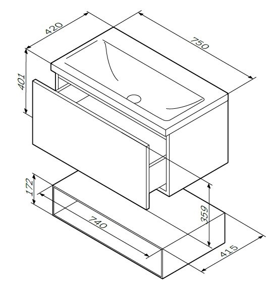 Тумба с раковиной AM.PM Gem 75 белый глянец, с 1 ящиком
