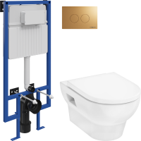 Комплект Унитаз подвесной Hansgrohe GladeLake S безободковый, с микролифтом + Инсталляция STWORKI + Кнопка Хельсинки 500474 золотая матовая