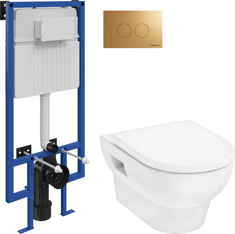 Комплект Унитаз подвесной Hansgrohe GladeLake S безободковый, с микролифтом + Инсталляция STWORKI + Кнопка Хельсинки 500474 золотая матовая
